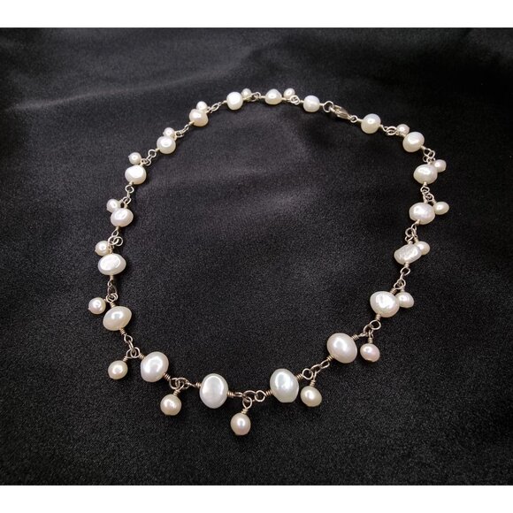 Vintage 925 Sterling Silver Freshwater Pearl Choker Necklace Chain Elegant Jewel